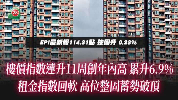 樓價指數連升11周創年內高 累升6.9%｜租金指數回軟 高位整固蓄勢破頂